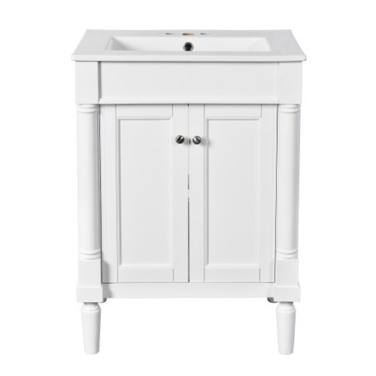 24" Bathroom Vanity with Sink, Modern Bathroom Vanity Cabinet with Ceramic Top Sink, Freestanding Storage Cabinet with 2 Doors, Solid Wood Frame, White