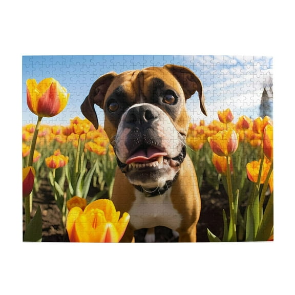 500-Piece Wooden Jigsaw Puzzle for Adults - Boxer Dog Tulip Field Sunny , Fun & Relaxing Family Game, No-Dust Interlocking Pieces, Perfect Wall Decor & Holiday Gift