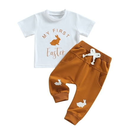 

My 1ST Easter Outfit Newborn Baby Boy Short Sleeve Bunny T-Shirt Jogger Pants Set Infant 2Pcs Summer Clothes