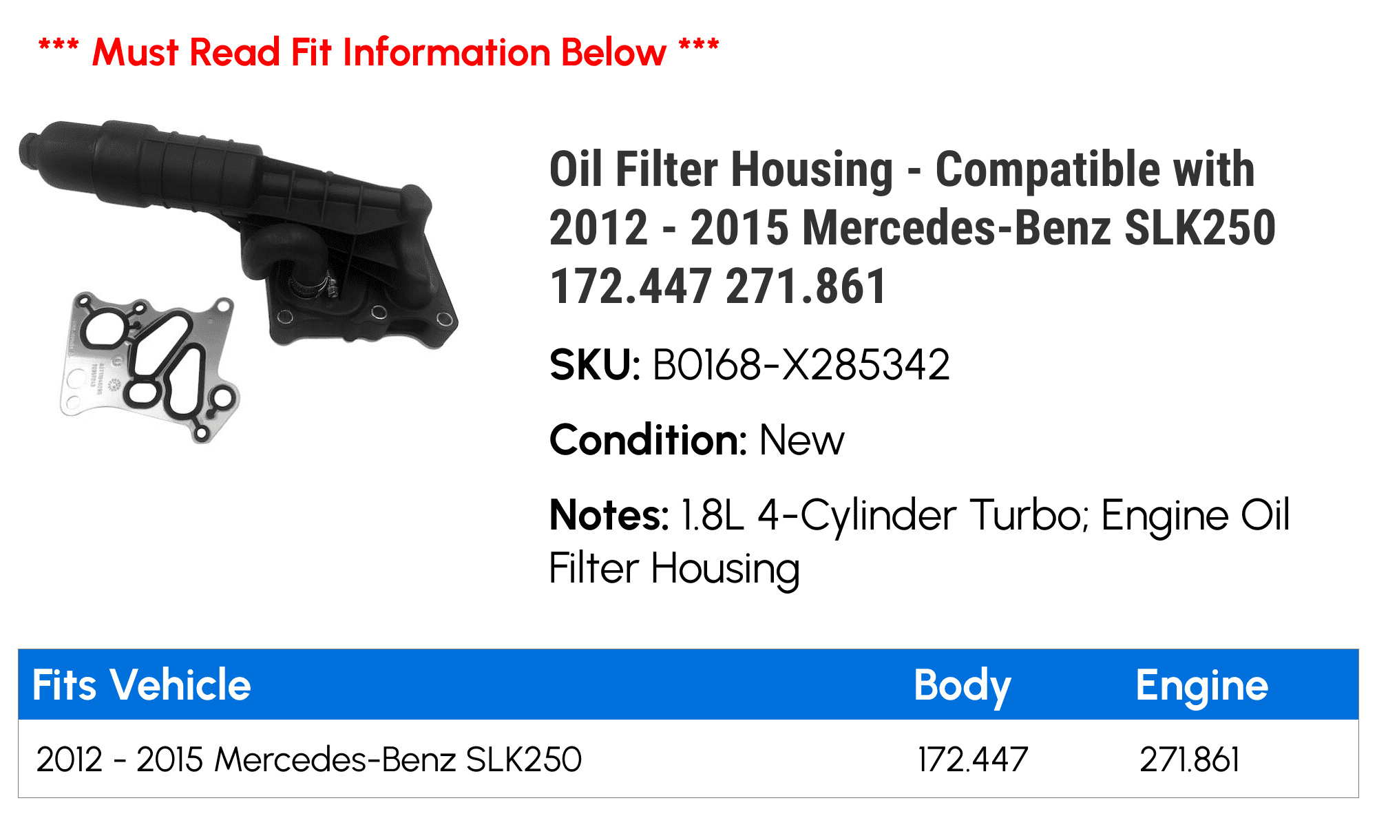 Oil Filter Housing - Compatible with 2012 - 2015 Mercedes-Benz SLK250 172.447 271.861 - Replacement