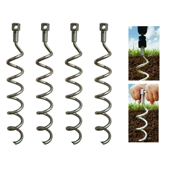 In N Out Spiral Ground Anchors  4 pcs - 16" Heavy Duty Ground Stake for securing Soccer Goals, Trampolines, Swing Sets, Out-Door Furniture, Canopies and More