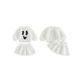 thumbnail image 2 of RUINIXCW Kids Girl Halloween Outfit Smiling Eyelashes Embroidery Long Sleeves Plush Sweatshirt and Mini Skirt 2 Pcs Set, 2 of 7
