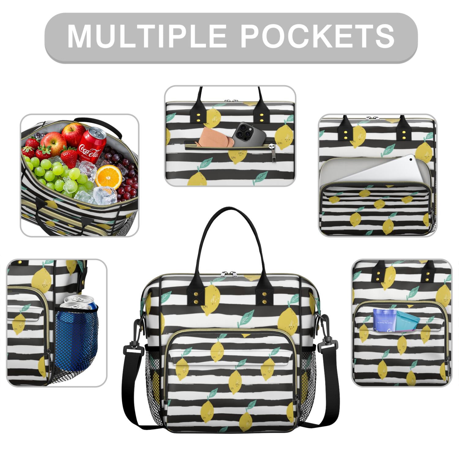 Cute Lemon Pattern Insulated Lunch Bag - Leakproof & Waterproof Food Storage Tote with Shoulder Strap for Work, School, Travel