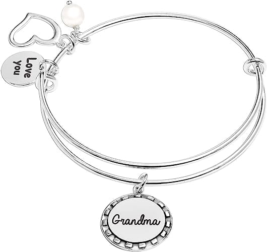 LeCalla 925 Sterling Silver Love You with Grandma Expandable Wire Multi-Charm Bangle Bracelet for Women
