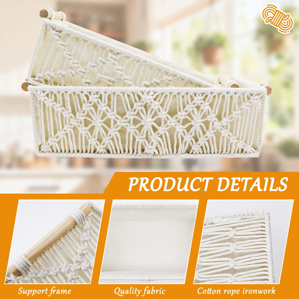 Macrame Storage Basket Set – Handwoven Boho Organizer for Bathroom Countertop, Toilet Tank & Shelves（Set of 2）