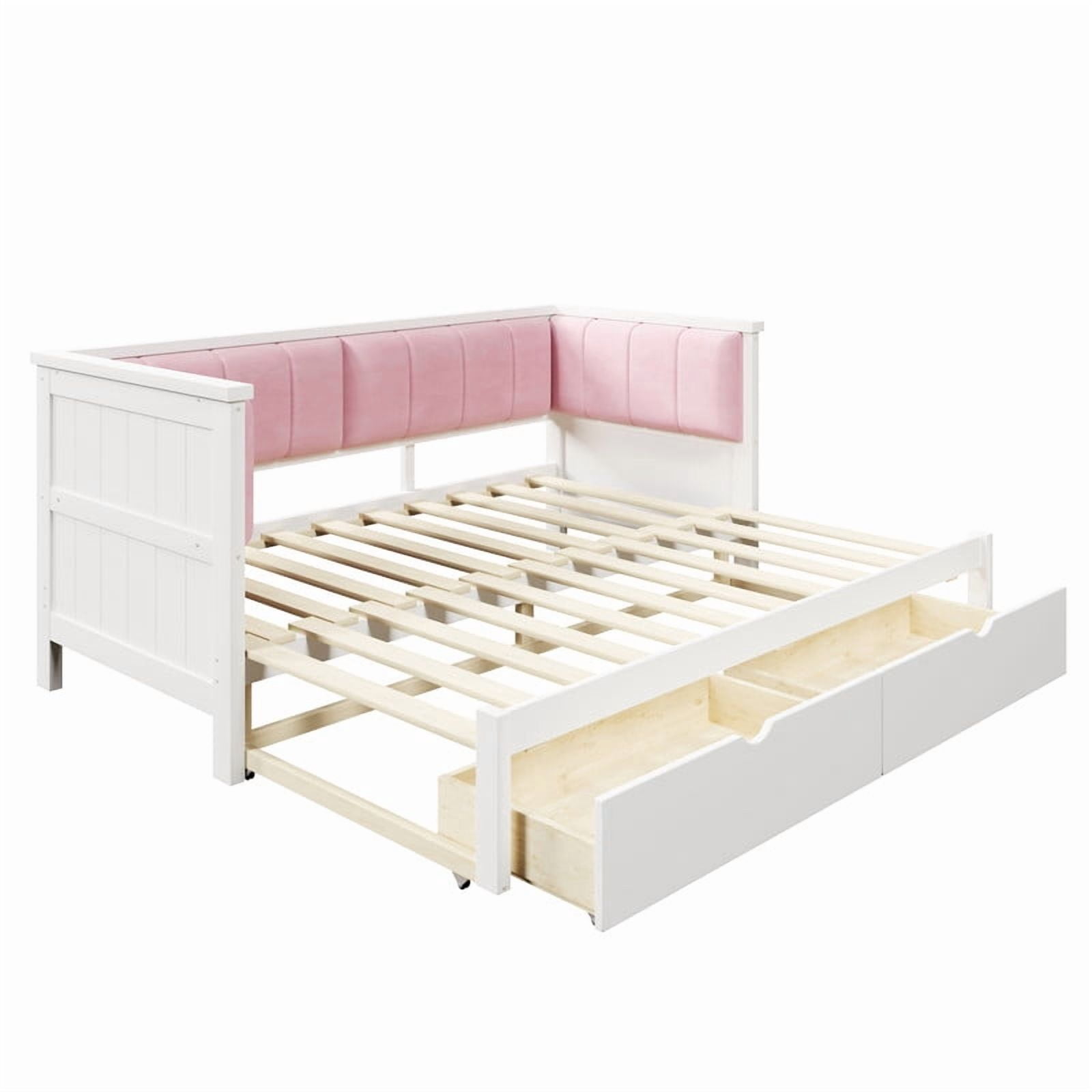 Twin XL to King Size Extendable Daybed with Two Storage Drawers, Expandable Sofa Bed Frame with Upholstered Velvet Backrest
