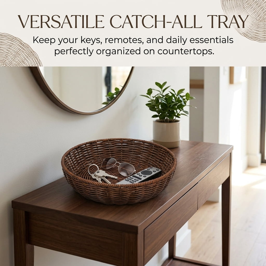 Serving Baskets Set of 3, Round Poly Wicker Bread and Fruit Basket for Food, Washable Storage Bowls for Kitchen Counter