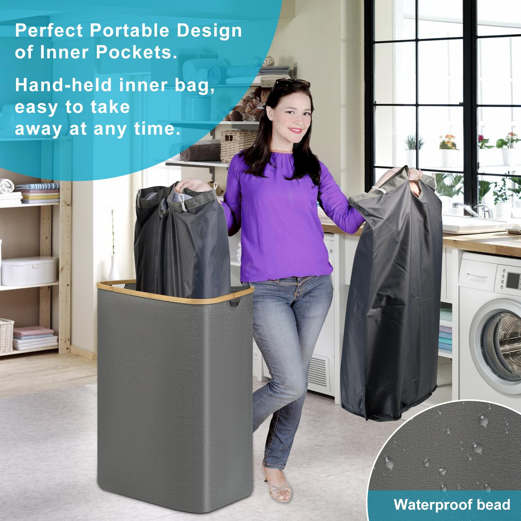 Sunnycome 160L Large Laundry Hamper with Lid Clothes Basket Handles for Bedroom Collapsible Removable Gray