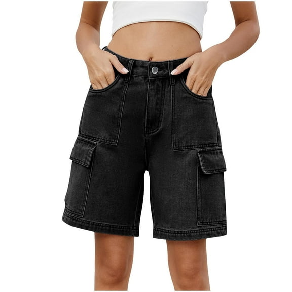 CheerKidz Cropped Pants for Women’s Casual Cargo Shorts for Summer High-Waisted Multi-Pocket Comfortable Outdoor Buttoned Jeans Shorts for Hiking Beach Everyday Wear(Black,XL)