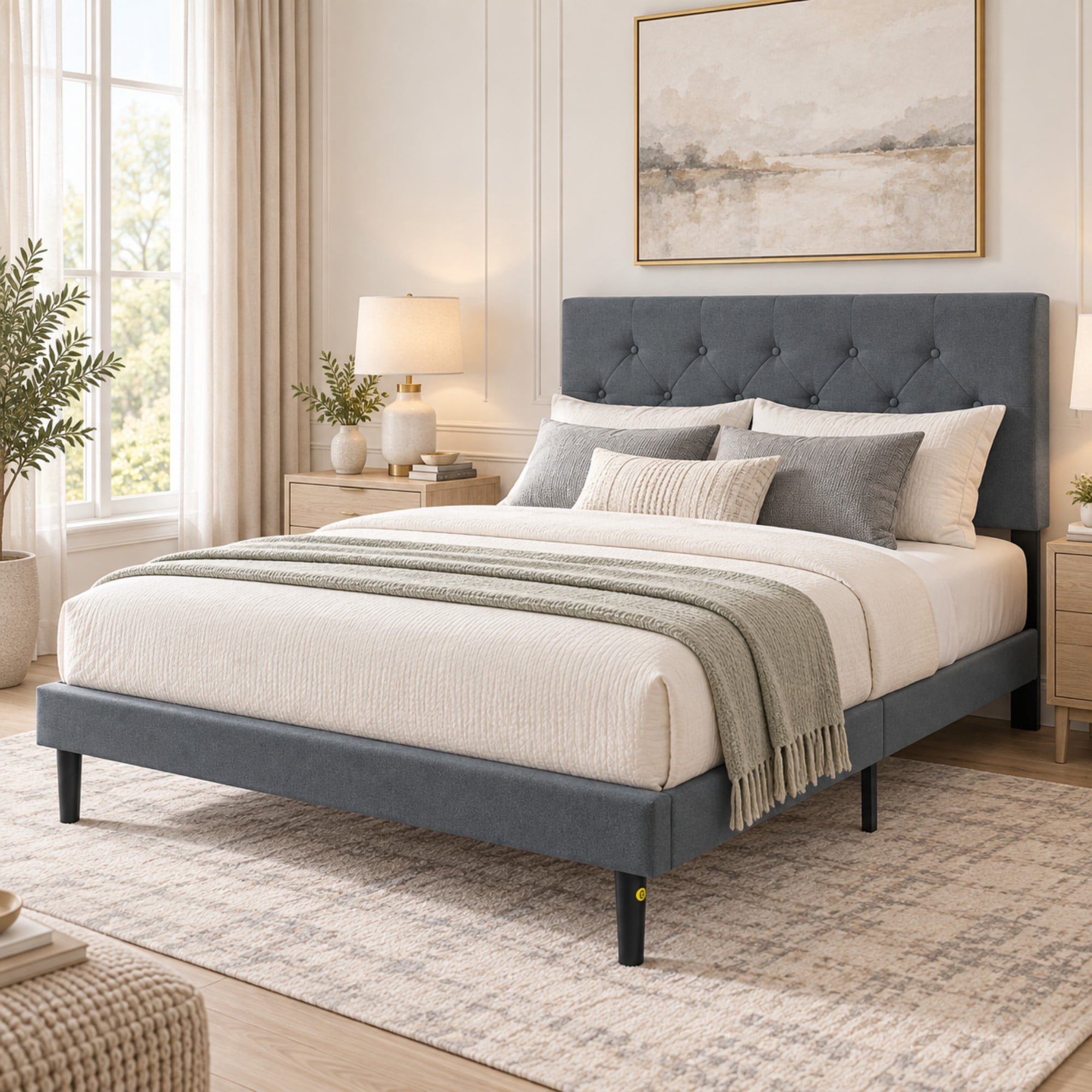 BSHTI Full Size Linen Platform Bed Frame with Adjustable Upholstered Headboard, Wood Slats, No Box Spring Needed for Bedroom（Dark Grey）