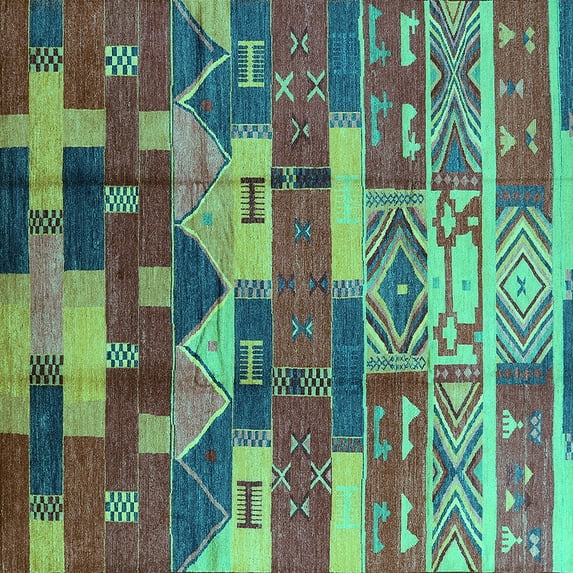 Ahgly Company Machine Washable Indoor Square Oriental Turquoise Blue Industrial Area Rugs, 8' Square