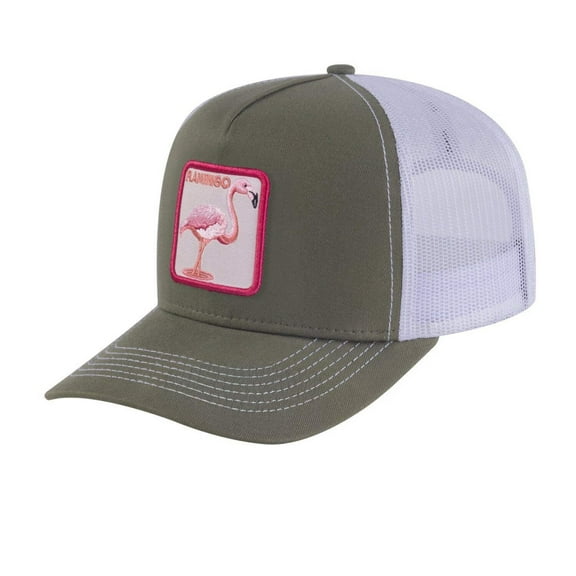 Unisex Embroidered The Flamingo, 5-Panel Trucker Hat, Olive Green/White, Adjustable Fit