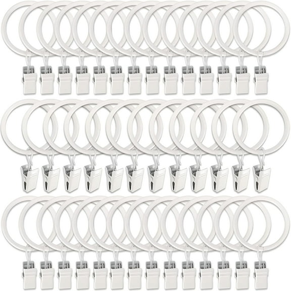 LAMIRO 40 Pack Metal Curtain Rings with Clips,Drapery Clips Hooks,Decorative Curtain Rod Clips Hangers 1.5" Interior Diameter Eyelets,Rustproof White