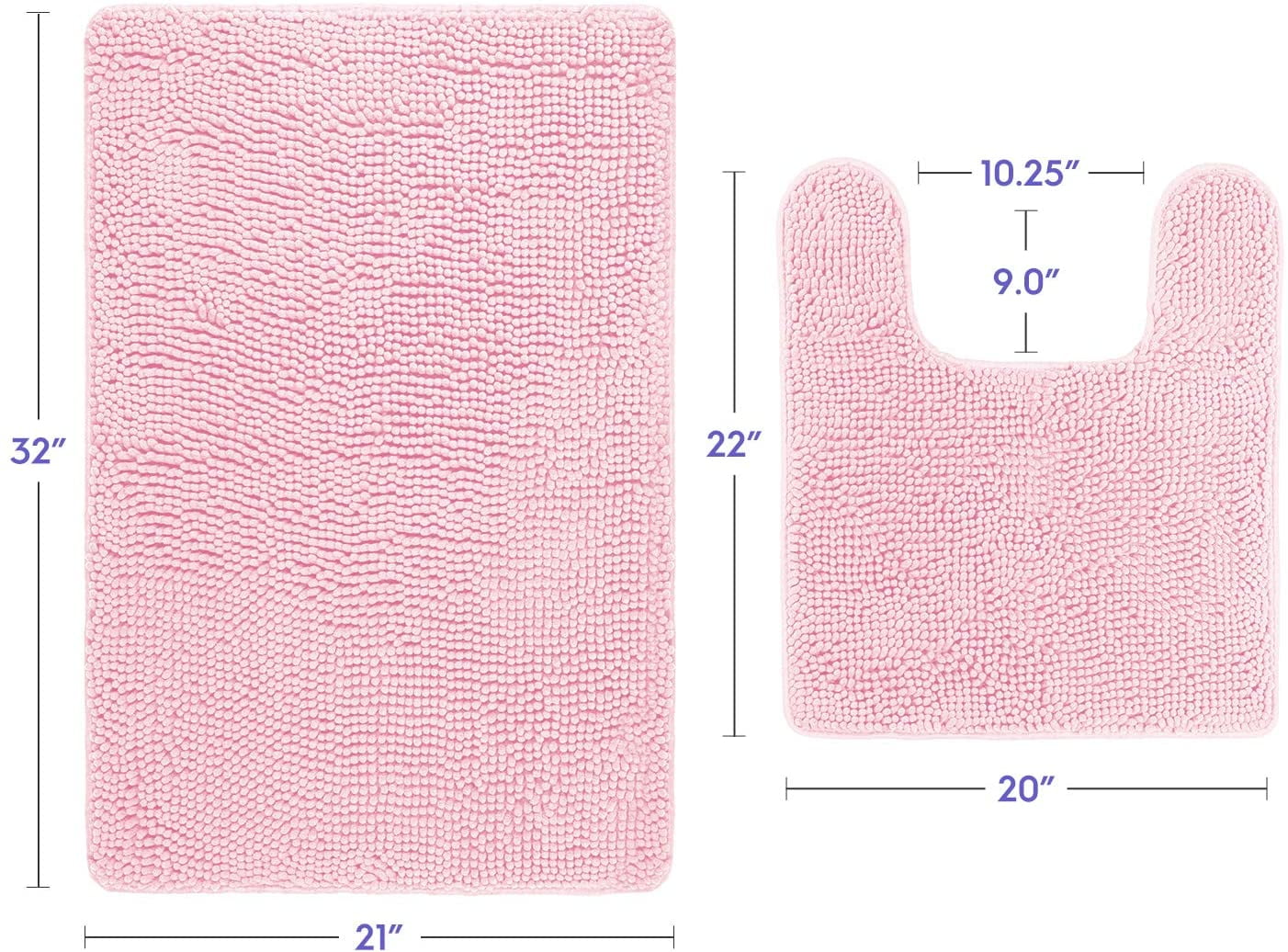 Bathroom Rugs and Mats Sets, Chenille Microfiber, Quick Dry, Ultra Soft Luxury, Shaggy Absorbent Non-Slip Washable Bath Rugs, Bath Mats for Bathroom, Shower Mat & Tub (Pink, 21"x32", 2 pcs)