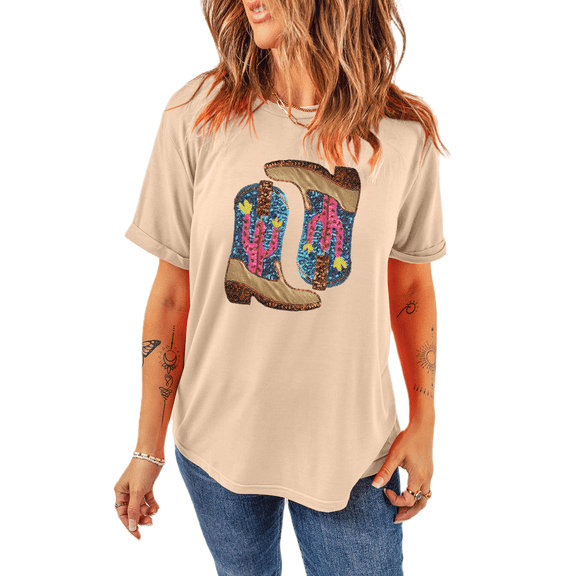 Women's Khaki Sequined Western Boots Graphic Tee - Crew Neck, Short Sleeve