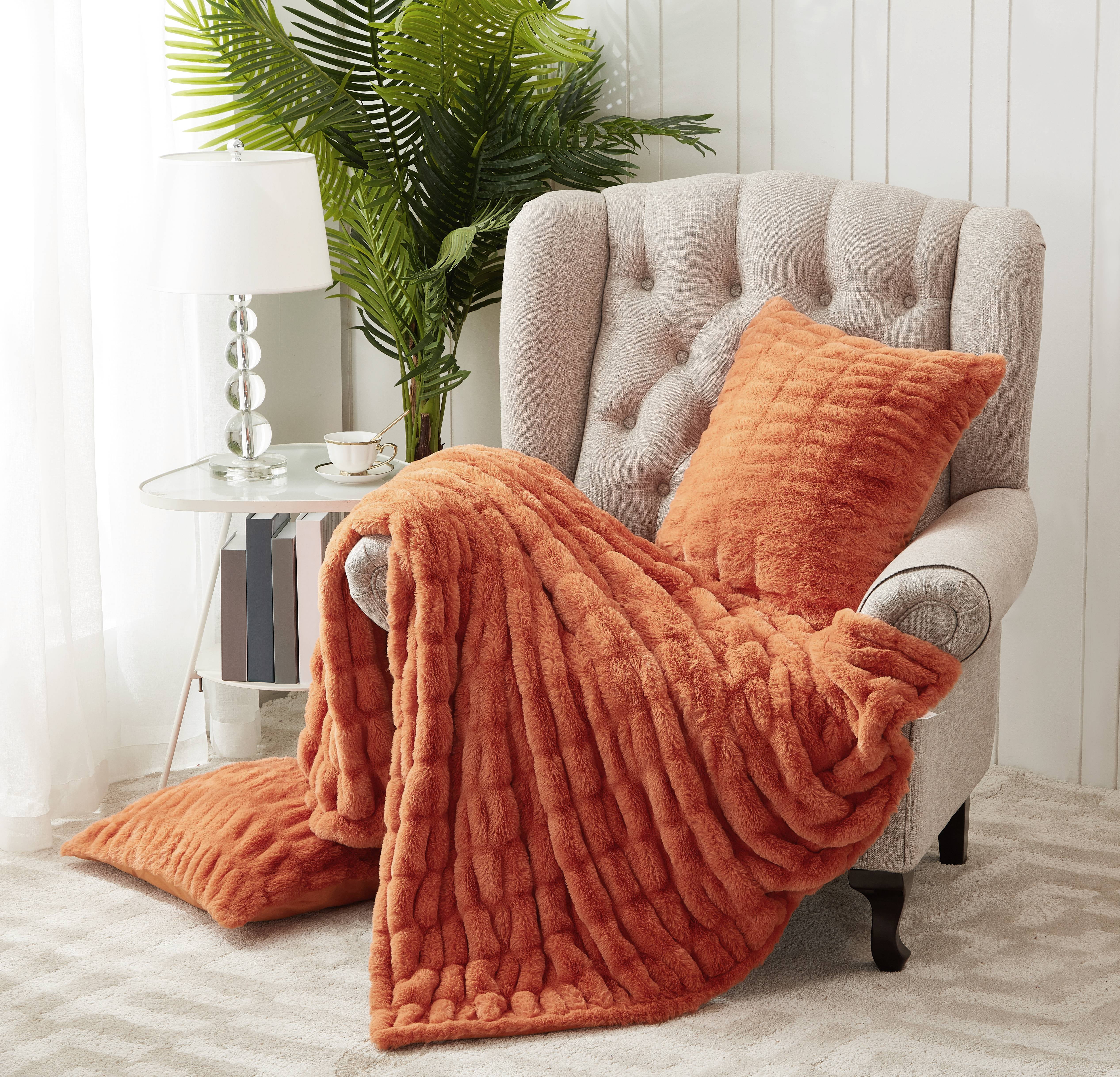 Home Soft Things Faux Fur Shar Pei Throw & Pillow Cover Combo - Burnt Orange - 50" x 60"/20" x 20"