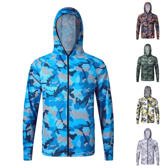 Xfvqtps Mens Fishing Hoodie Jacket Performance Zip up Long Sleeve Cooling Sun Protection Camouflage Breathable Lightweight Summer Thin Tops for Camping Hiking Cycling Running Green