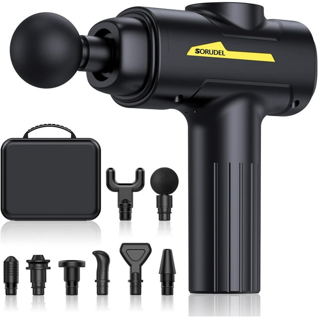 SORUDEL Massage Gun Deep Tissue in black, designed for muscle pain relief and recovery. Includes 8 interchangeable massage heads and 6 adjustable speed settings for customizable intensity. Features a quiet, ergonomic design with intuitive controls for ease of use. Comes with a compact carrying case for portability, ideal for gym or travel.