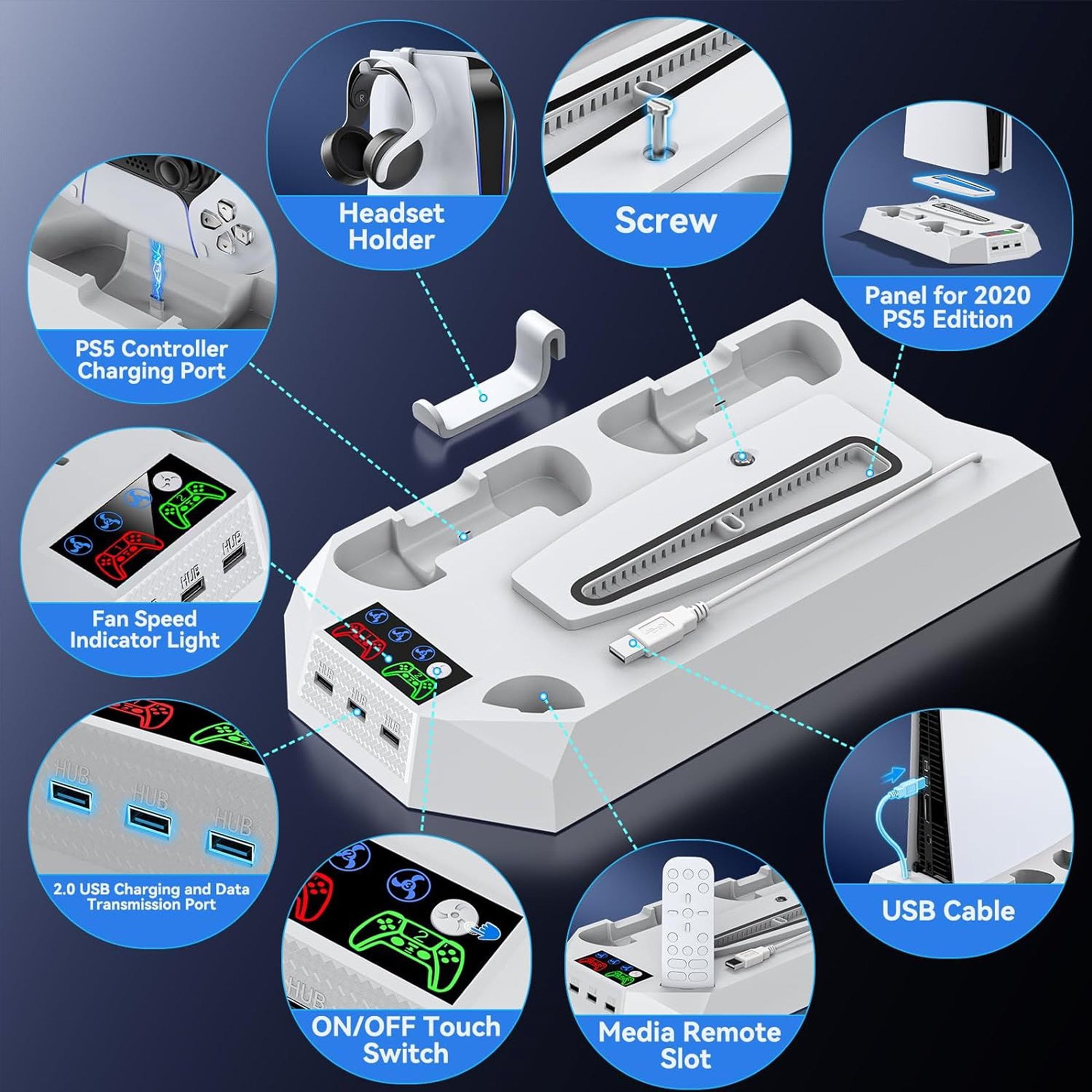 Cooling Stand Controller Charger with Headset Holder, 3 USB Hub for PS5, PS5 Slim, White