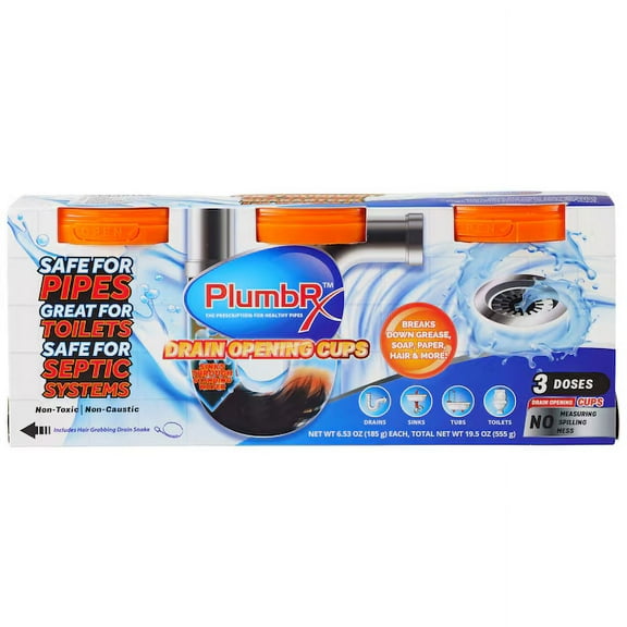 PlumbRx Drain Opening Cups, Powdered Non Toxic Drain Cleaner with Bonus Hair Grabbing Drain Tool Snake, Pack of 3