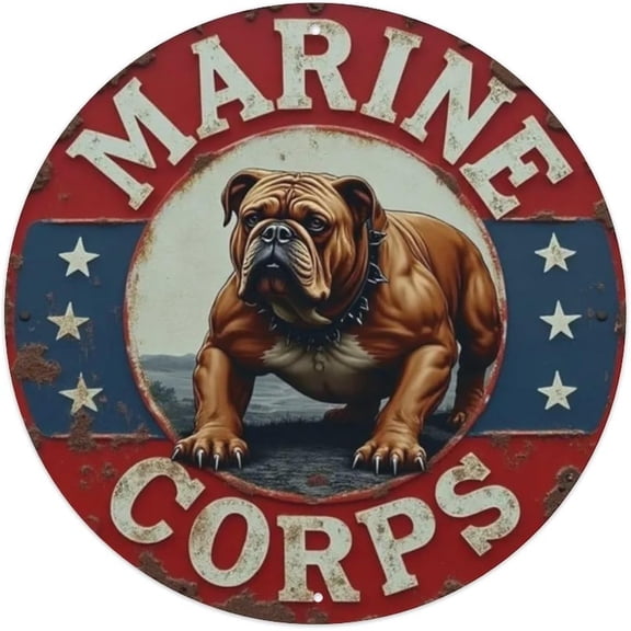 Patriotic Bulldog Round Metal Tin Sign, 8 x 8 Inch Vintage Military Style Wall Decor for Home, Garage, Bar, Office, Man Cave