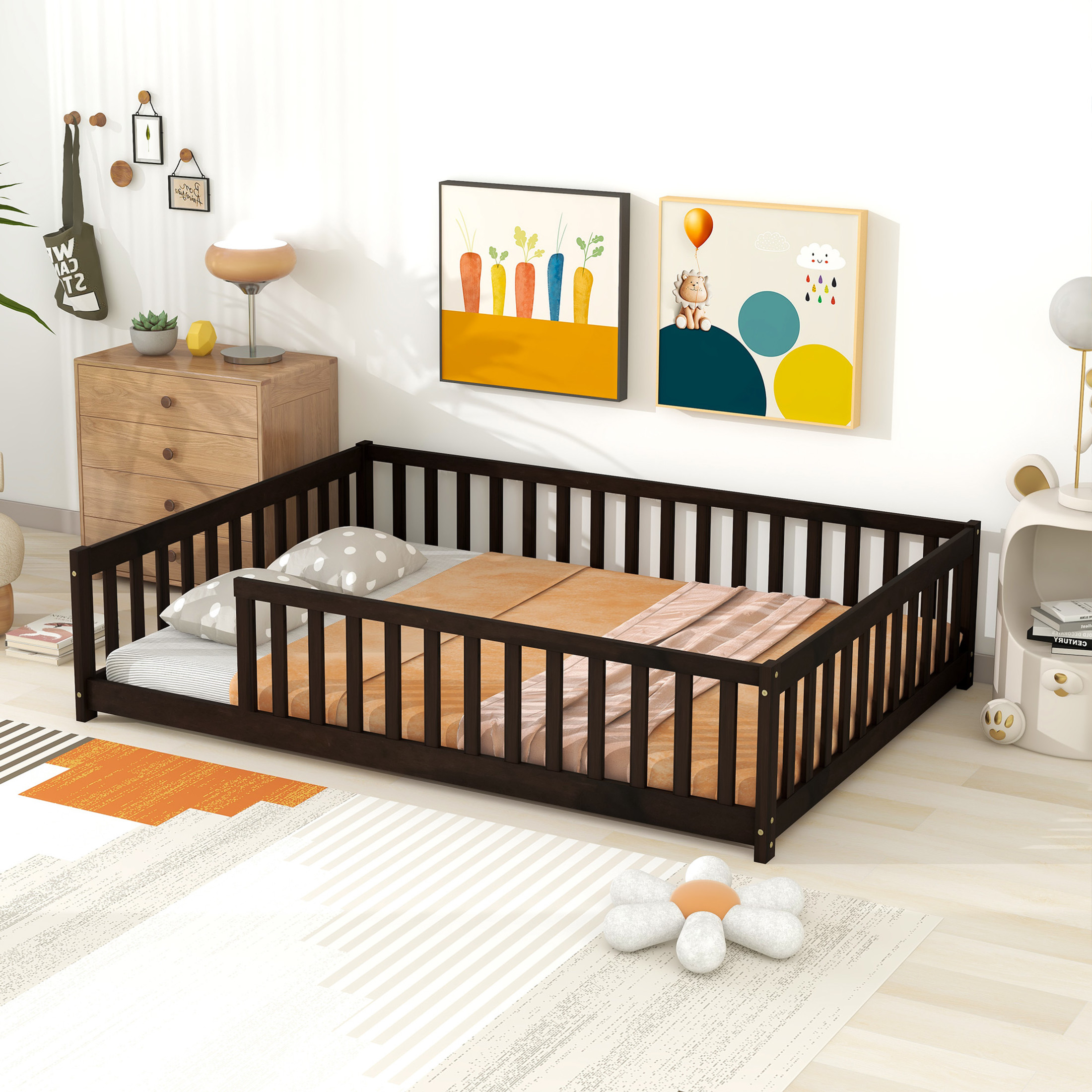 Noble House Lucas Full Size Floor Bed with Safety Guardrails & Open Access, Rubber Wooden Bed Frame, Espresso