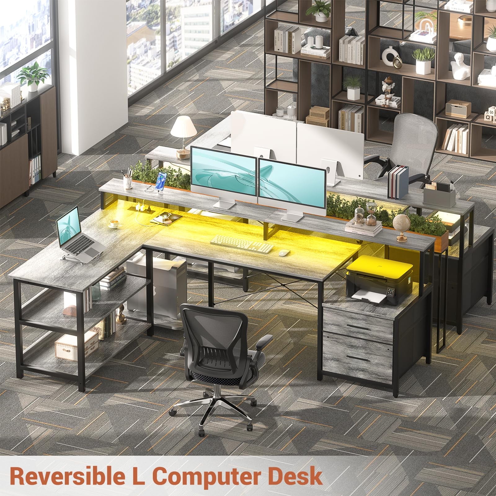 Homieasy L Shaped Desk with File Drawer, 72.8" Reversible L Shaped Computer Desk with Power Outlet & LED Strip, Gaming Desk with Monitor Stand, Office Desk Corner Desk with Storage Shelf, White Oak