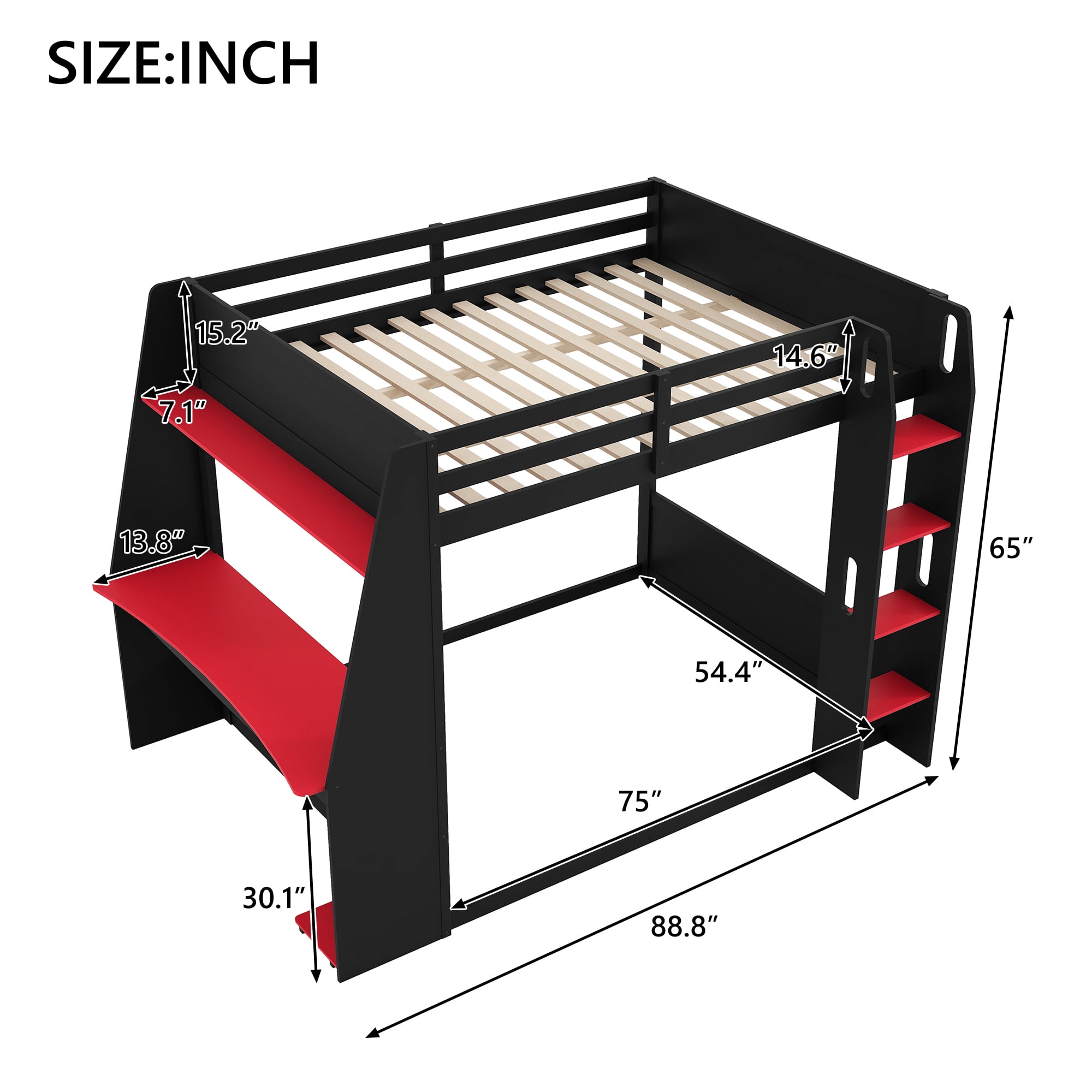 Euroco Wood Full Size Bunk Bed with Desk and Shelves, Gaming Bed with LED Light and USB Charging, Red