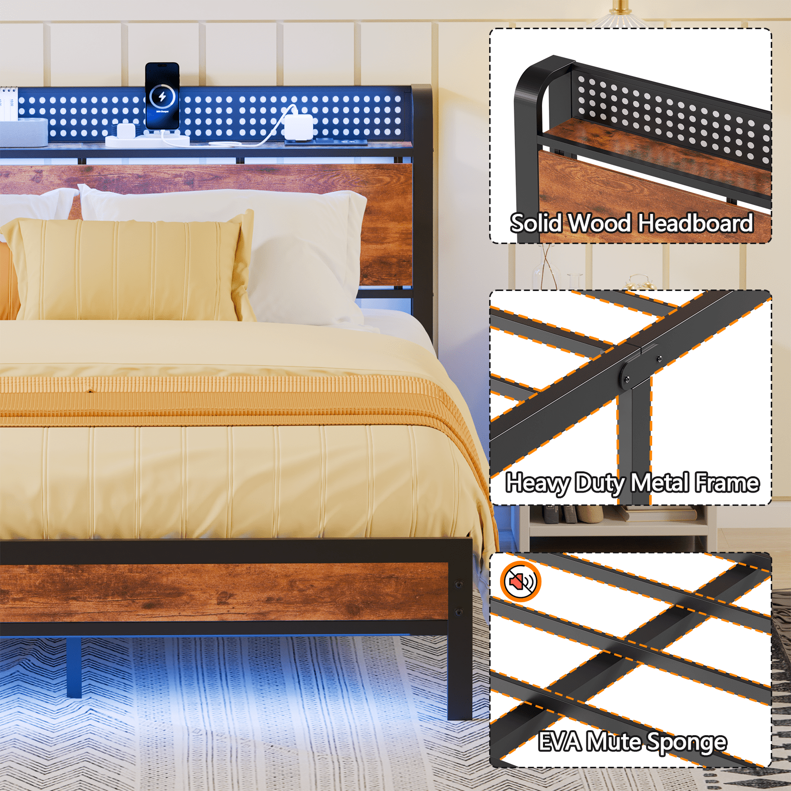Tydimor Full RGB LED Strip Platforrm Bed Frames with Headboard Metal, Storage Shelves & Underbed, Niose Free, No Box Spring Needed
