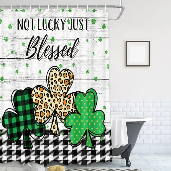 Rideau de Douche Joyeuse Saint-Patrick, Motif à Carreaux Buffalo Léopard Vert Trèfle Feuilles de Trèfle, Décoration Rustique en Bois Gris avec Crochets, 71x71 Po
