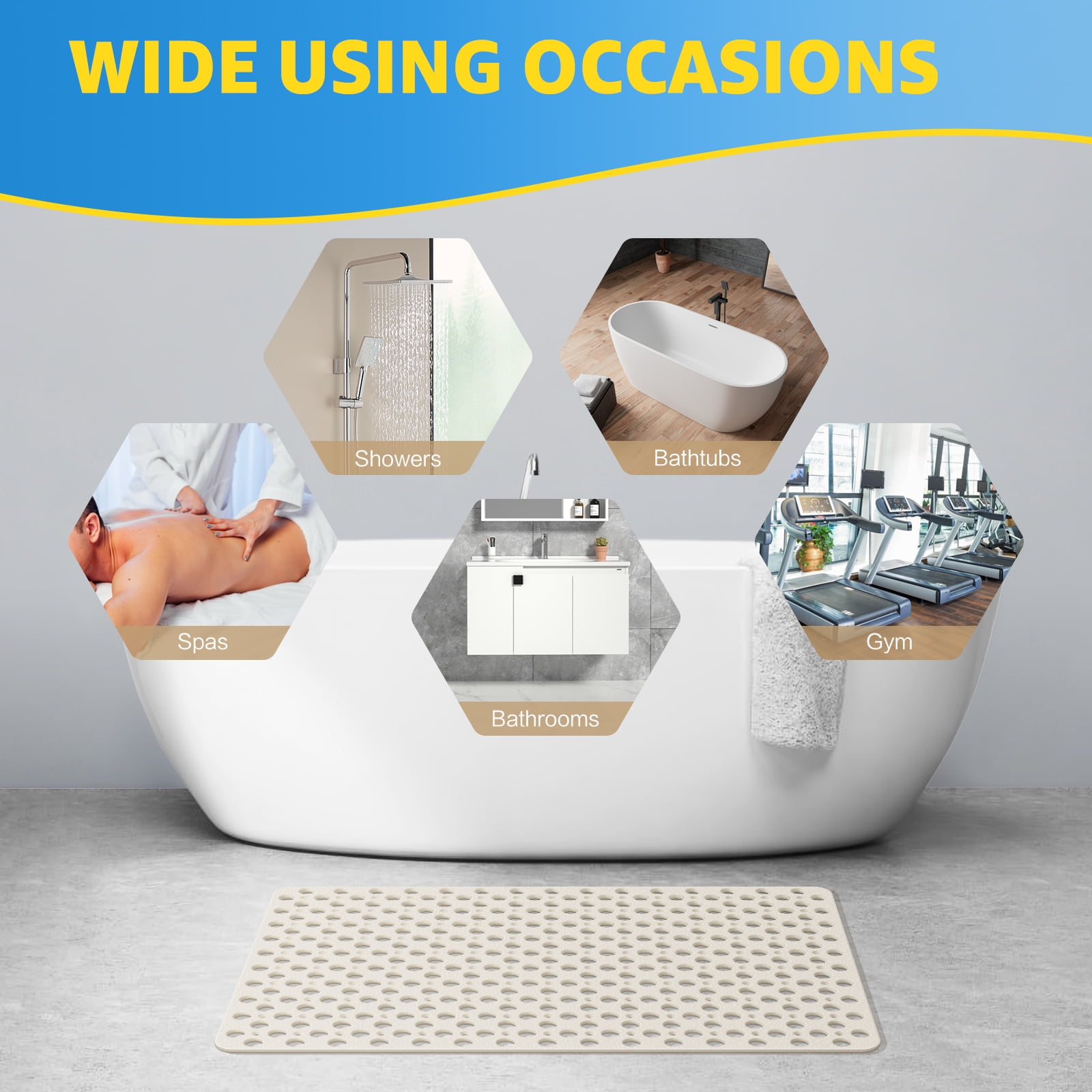 OTHWAY Large Shower Mat, 35x24 TPE Anti Slip Shower Mat, Heavy Bath Mats for Shower with Drain Holes Suction Cups, Shower Stall Mat for Bathroom, No Odor Shower Grip Mat for Elderly Kids(White)