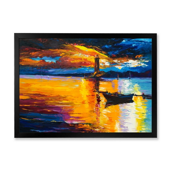 Little Boat By Lighthouse During Evening Glow 40 in x 30 in Framed Painting Canvas Art Print, by Designart