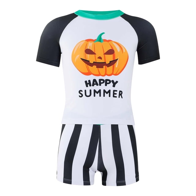 TBWNWG Boys Halloween Pumpkin Striped Swim Set Short Sleeve Rash Guard And Trunks For Comfortable Beach Surfing Swimming Outfit