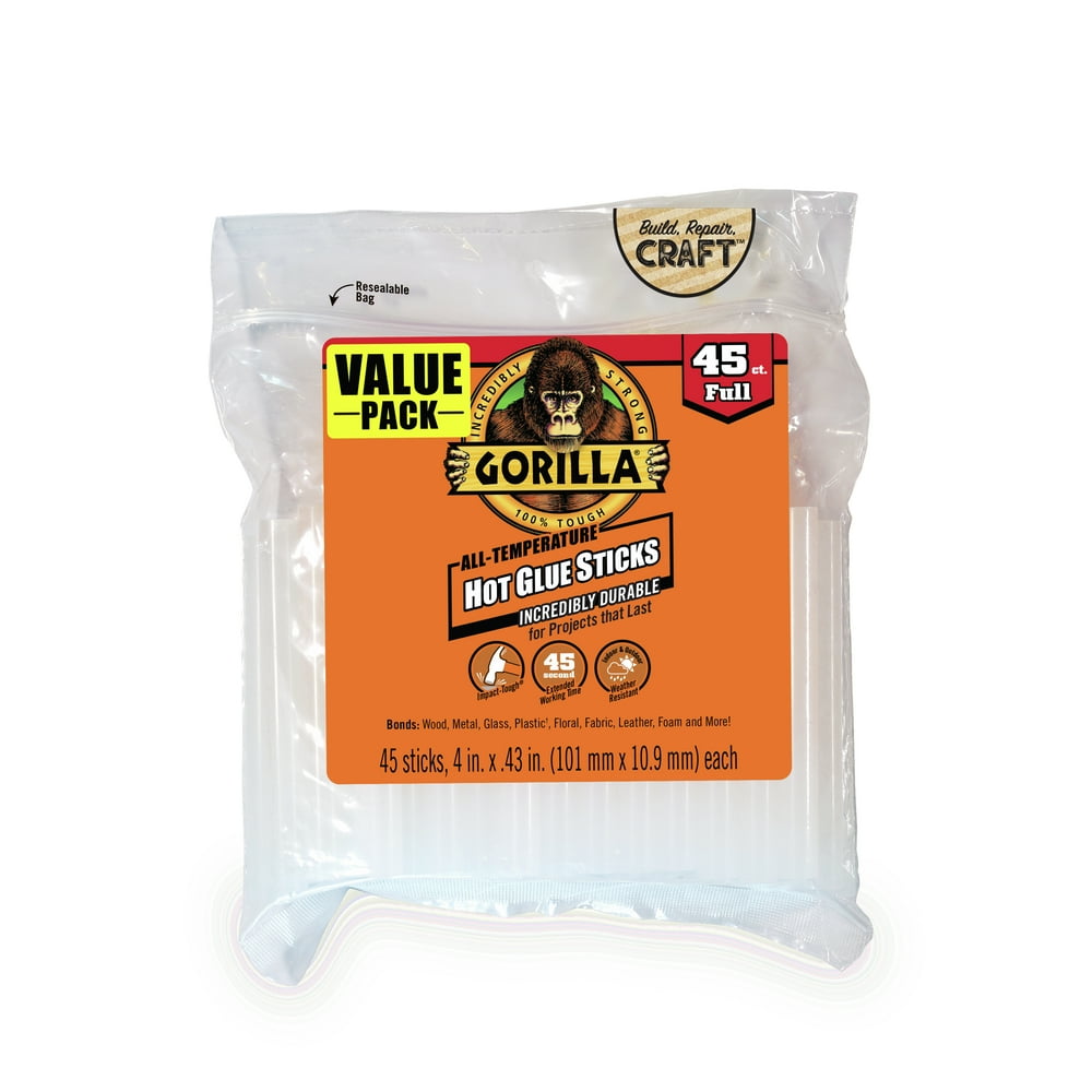 Gorilla Glue Clear 4" Dual Temp FullSize Hot Glue Sticks, 45 Count