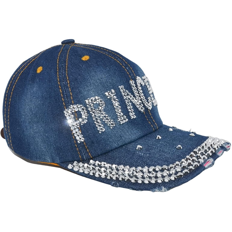 Princess Rhinestone Baseball Cap for Women, Distressed Denim  display picture 3