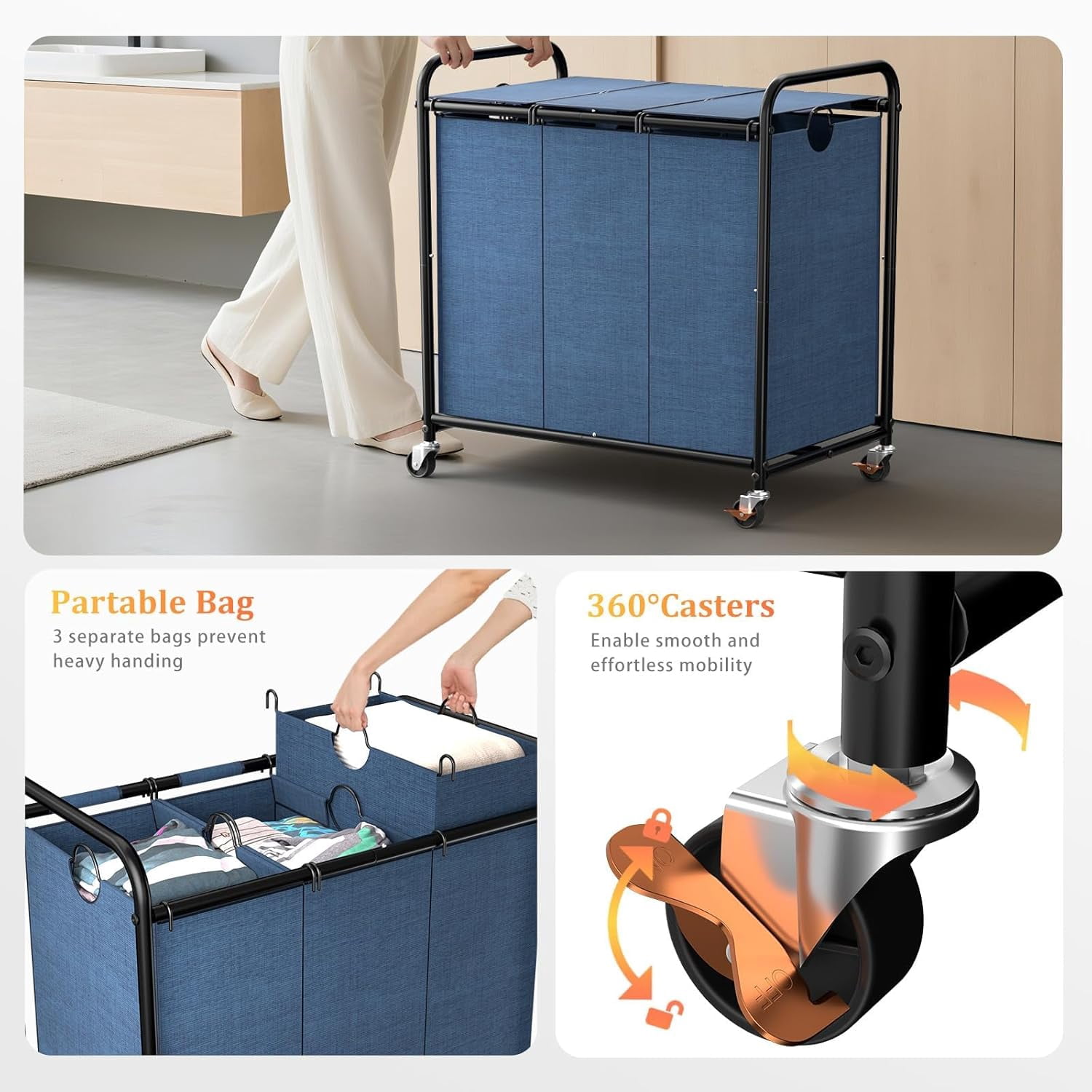 180L (47.55 Gal) Laundry Sorter 3 Section, Rolling Laundry Basket with Lockable Wheels and Lid, Laundry Hamper with 3 Separated Removable Bags Dirty Clothes Hamper for Laundry Room Organizer, Blue