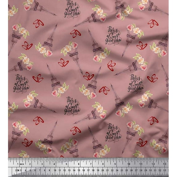 Soimoi polyester Crepe Fabric Text,Floral & Eiffel Tower Architectural Fabric Prints By Yard 52 Inch Wide