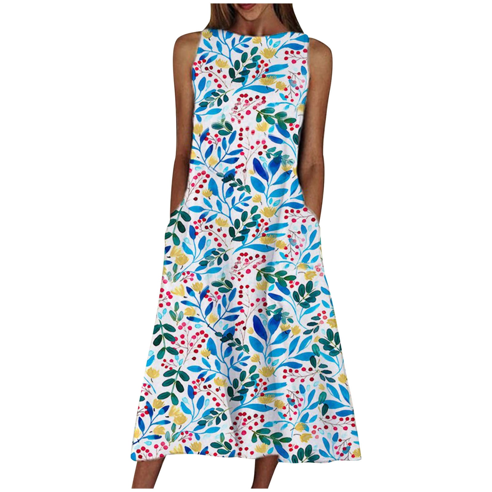 YWDJ Sundresses for Women Sleeveless O-Neck Printing Pocket Plus Size ...