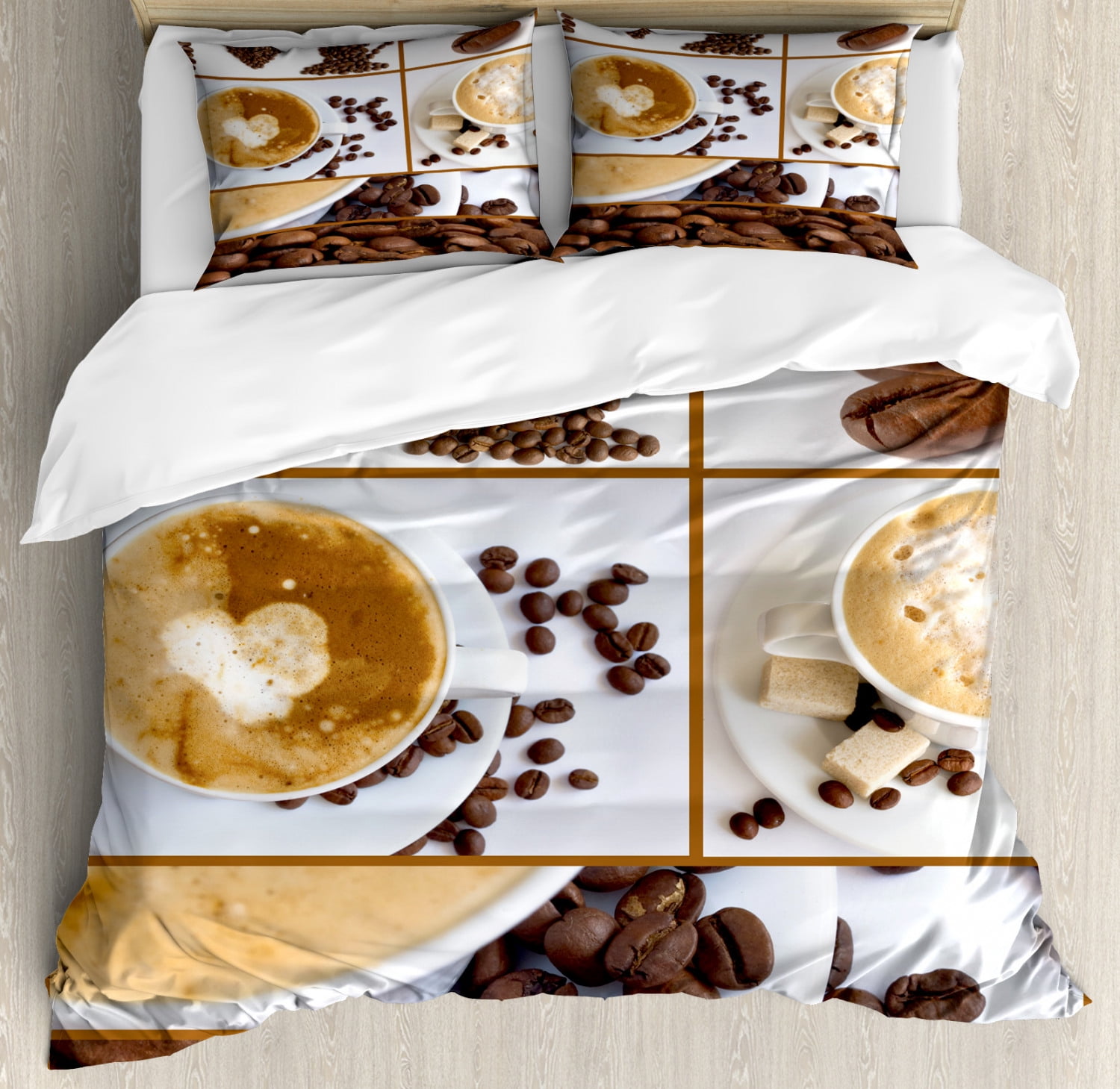 Coffee Duvet Cover Set, Coffee Themed Collage of Beans Mugs Hot Foamy Drink with a Heart Macro