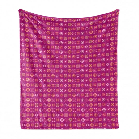 Boho Soft Flannel Fleece Throw Blanket, Retro Folk Flower Petals Geometric Effects Abstract Funky Pattern, Cozy Plush for Indoor and Outdoor Use, 70" x 90", Pale Brown Magenta and Pink, by Ambesonne