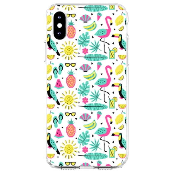 DistinctInk Clear Shockproof Hybrid Case for iPhone X / XS (5.8" Screen) - TPU Bumper, Acrylic Back, Tempered Glass Screen Protector - Summer Graphics - Flamingo Pineapple Sun Glasses