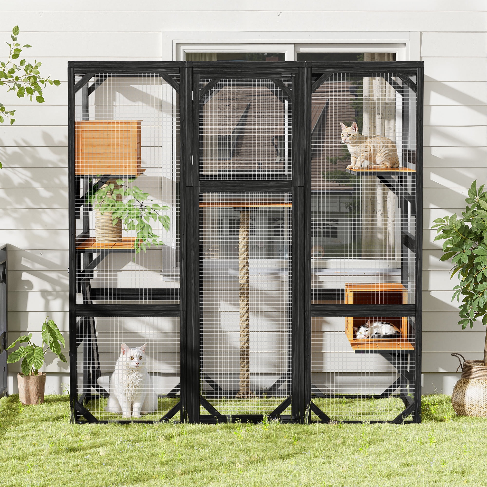 Euroco Large Outdoor Cat Enclosure with Sleeping Houses, Climbing Platforms, and Scratching Posts