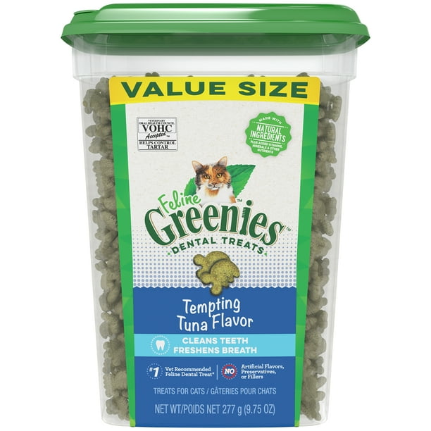FELINE GREENIES Adult Dental Cat Treats, Tempting Tuna Flavor, 9.75 oz. Tub