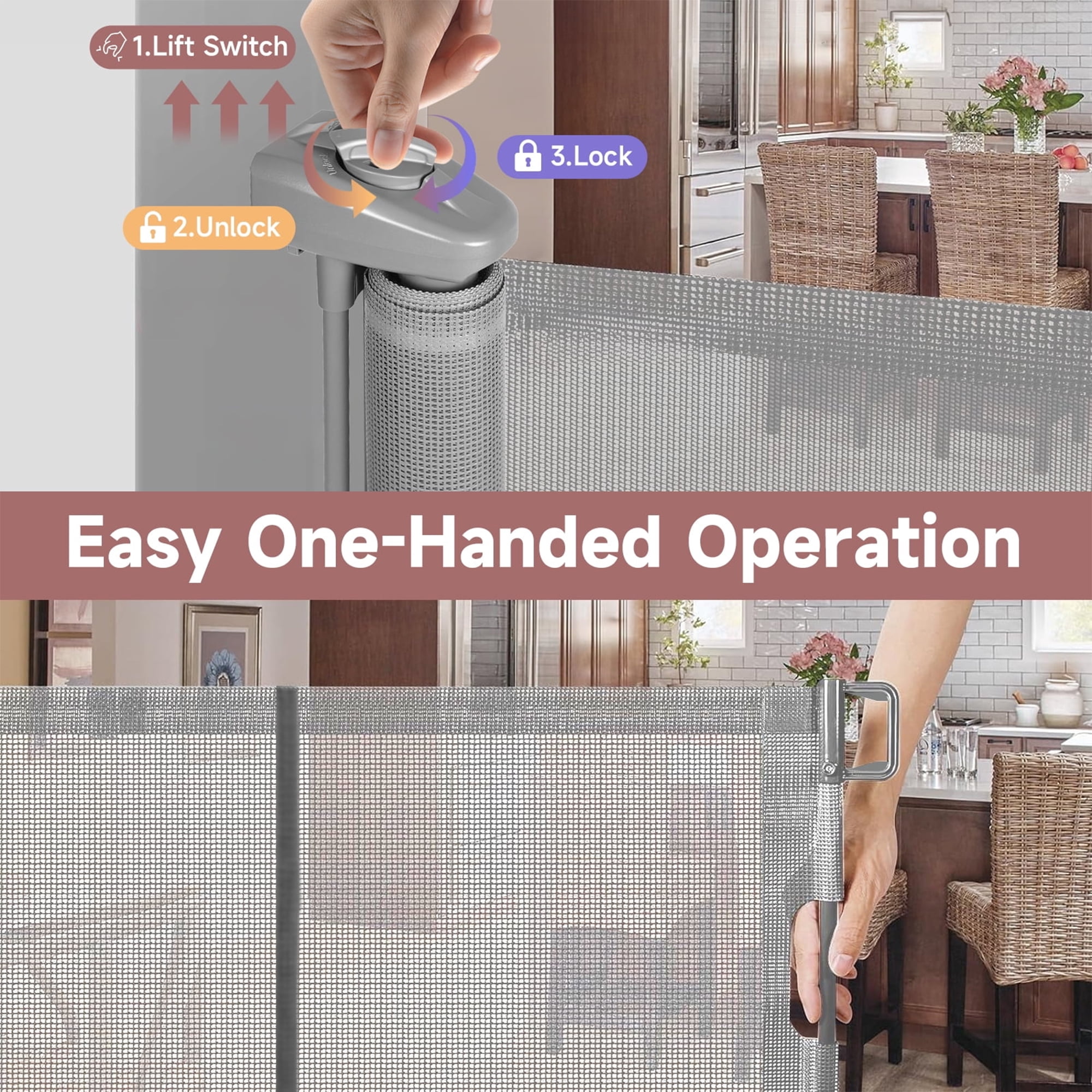 Retractable Baby Gate,HDJ 120in Baby Safety Gate for Stairs Doorways,34inch Tall Metal Dog Gate,Extra Wide,Gray