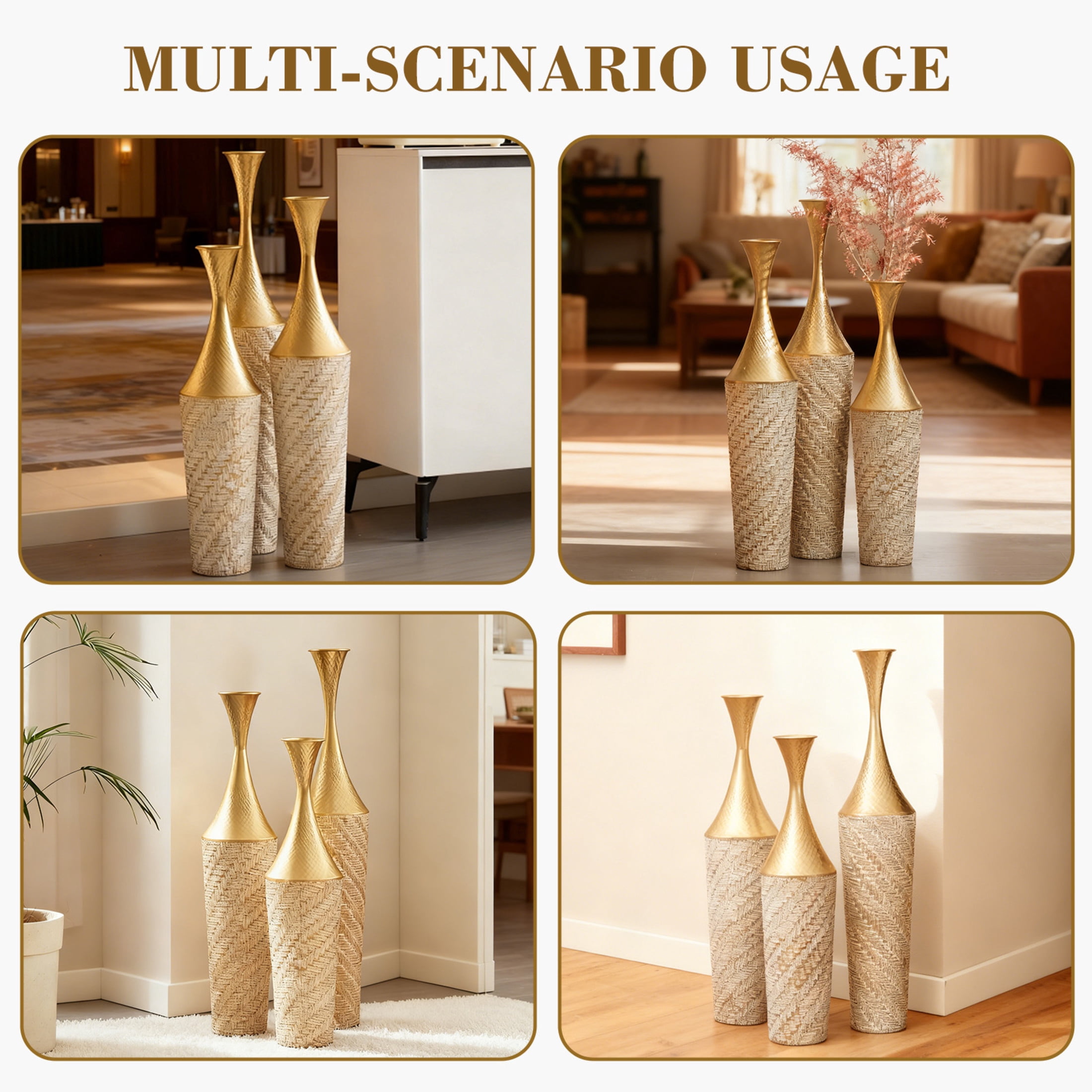 Noble House 27.56", 31.5", 35.43" Metal Floor Vase Set of 3, Textured Handcrafted Vases, Gold+White