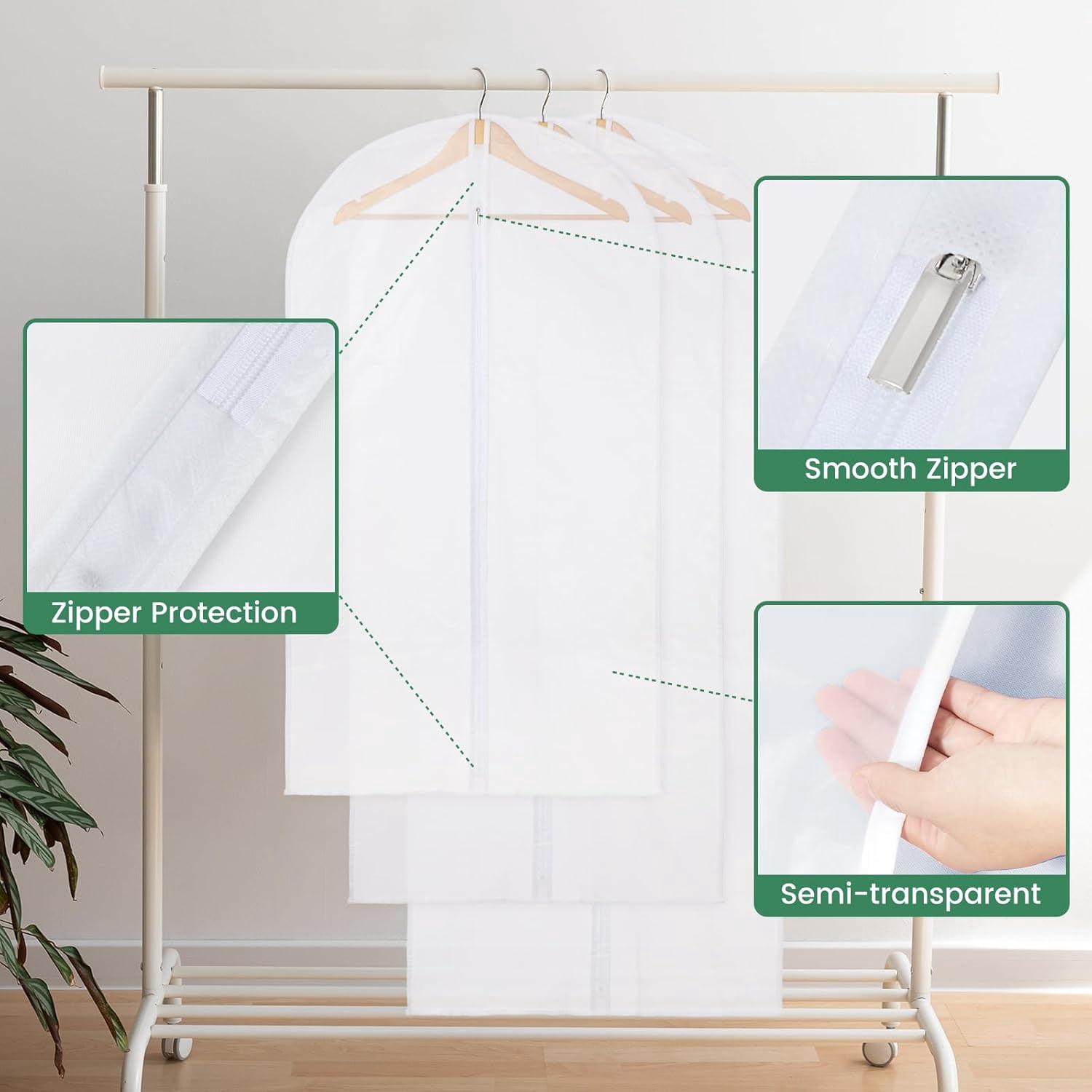 KEMEINILI Translucent Garment Bag - 15 Packs Garment Bags for Hanging Clothes Dress Bag Suit Bags for Closet Storage Travel - 24" x 40"/47"/55"
