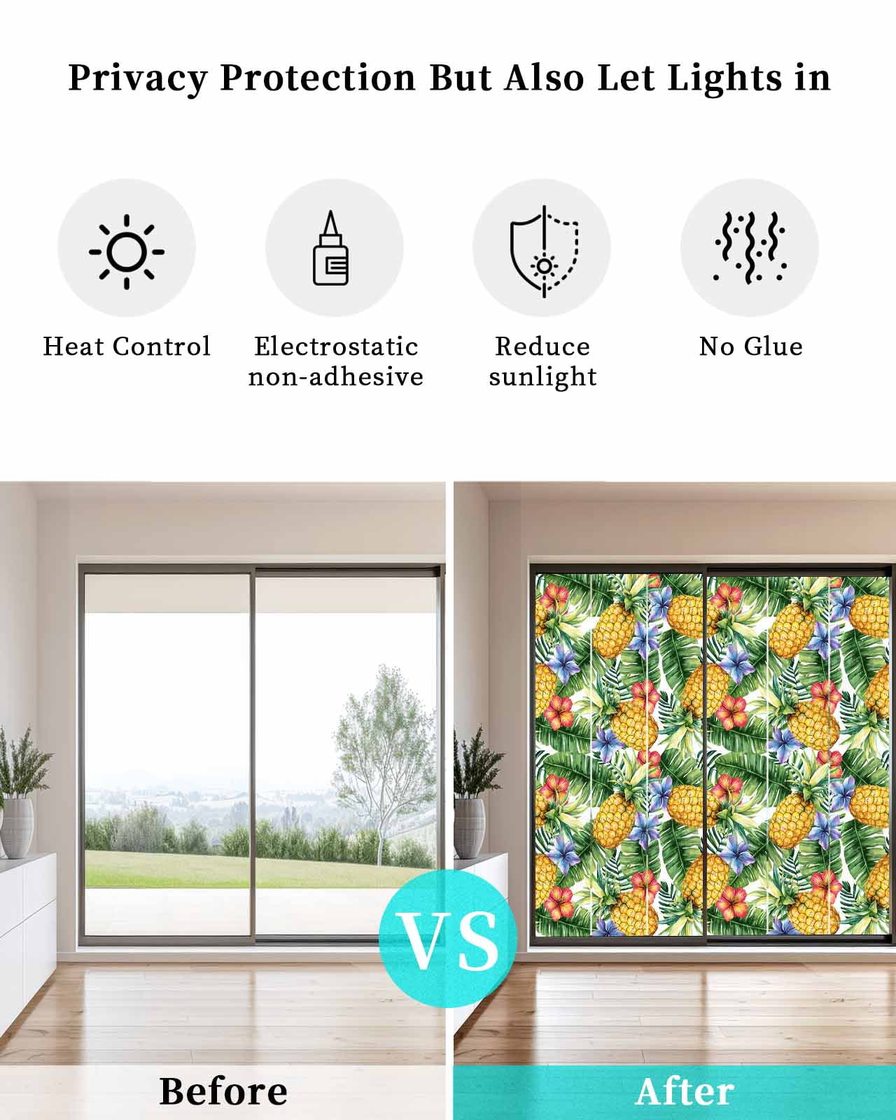 Window Privacy Film Pineapple Stained Glass Window Film Decorative Sun Block Window Cover Yellow Tropical Fruit Palm Leaf Floral Summer Window Clings Static Adhesive Sticker for Bathroom 35.4"x78.7"