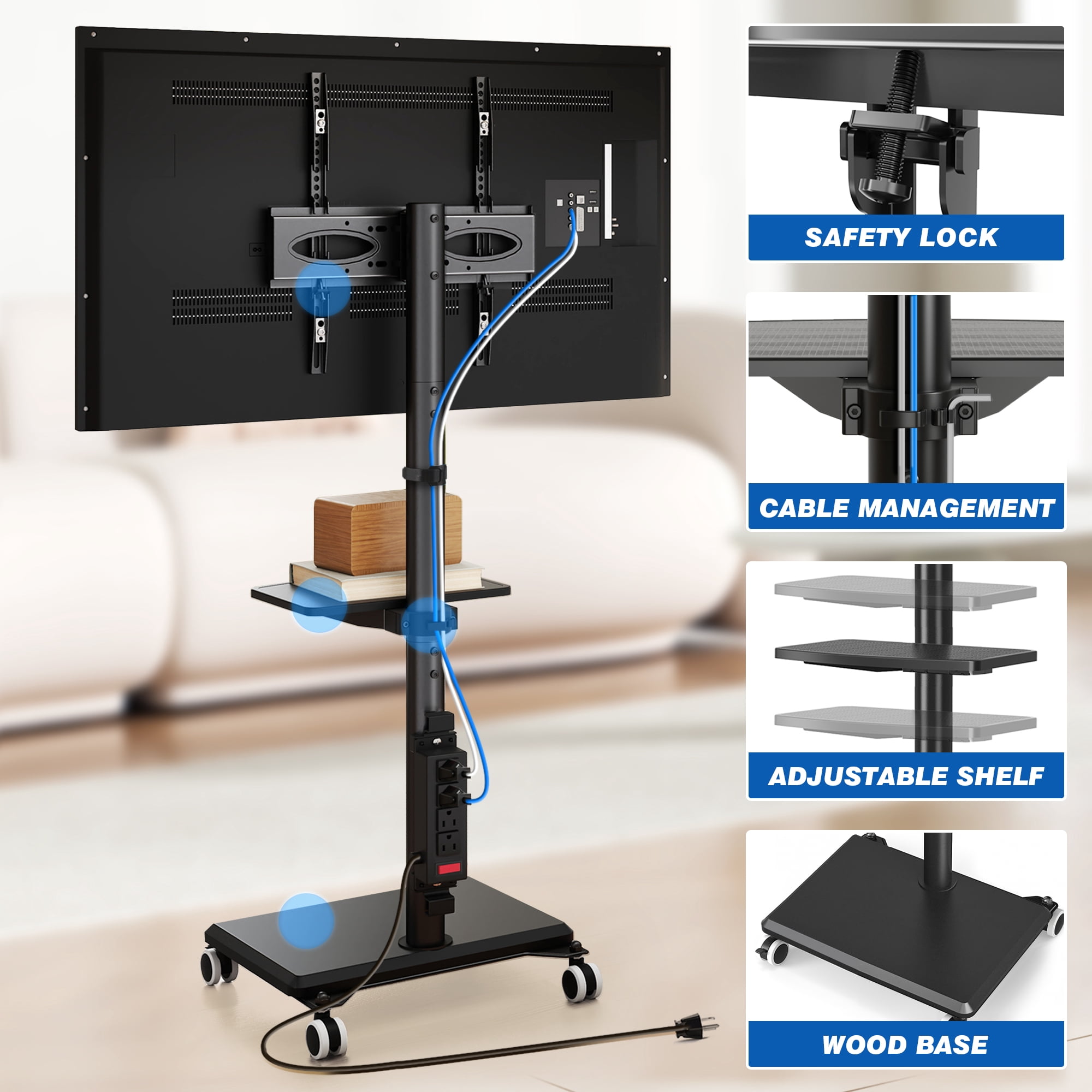 RTVR Sleek Rolling TV Stand with Power Outlet, Strong Tall Mobile TV Cart with Mount Up to 88 lbs, Height Adjustable Portable TV Stand on Wheels for 32-60 Inch TVs, Black