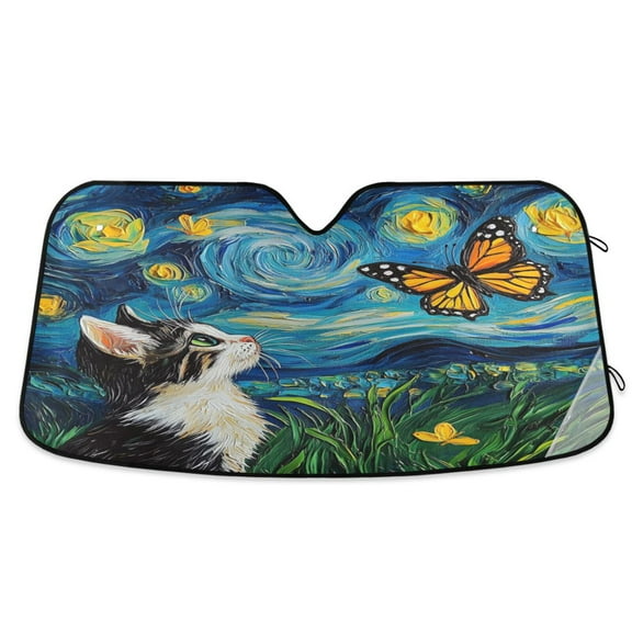 Windshield Sun Shade for Cars, 55"x27.6" Foldable Car Sun Shade with Aluminum Foil Bubble Heat Insulation, UV Protection for Sedan/SUV/Truck,A Cat and Butterfly