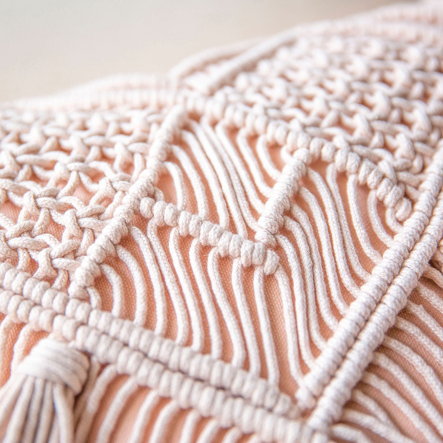 Phantoscope 100% Cotton Handmade Crochet Woven Half Covered Throw Pillow, 18 x 18 in Square Cushion with Tassels, Boho Style, Light Pink, 1 Pack